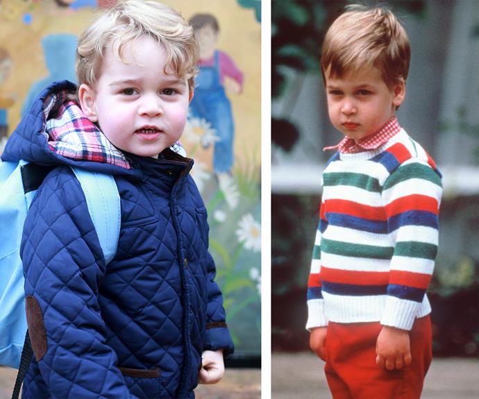 A tale of two princes: Two-year-old George appeared to be a bit more confident on his first day of kindergarten compared to when his dad, Prince William, started attending  Mrs Mynor's Nursery School in London back in 1985.
