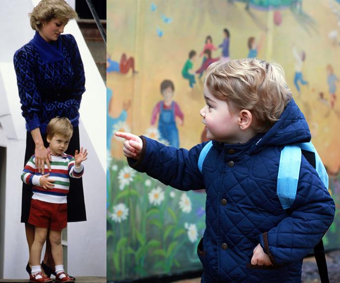 The heir to the throne, who was three at the time, kept close to mum Diana. Meanwhile George seemed very excited to be starting his big adventure.