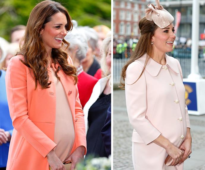 **Blooming beautiful:** No one does maternity style quite like Kate, pictured on the left in 2013 and on the right in 2015, and she's truly shone during all of her pregnancies.