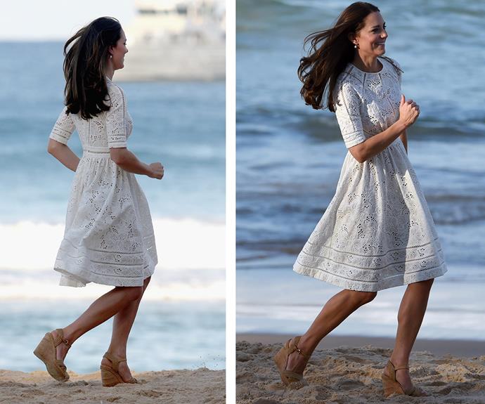 **Beach babe:** Kate had the nation transfixed when she managed to run across Sydney's Manly beach in a pair of wedges during the Cambridges' official tour of Australia and New Zealand in 2014.