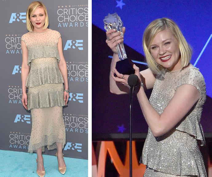 Kirsten Dunst sparkles in her embellished crystal gown as she picks up a Critics' Choice Award for Fargo.