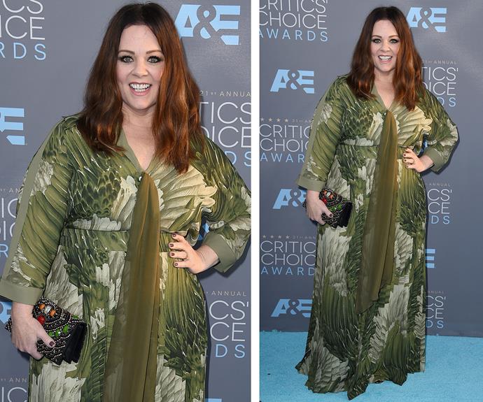 Going tribal: Melissa McCarthy is queen of a good print. Plus the starlet designed her gown herself!