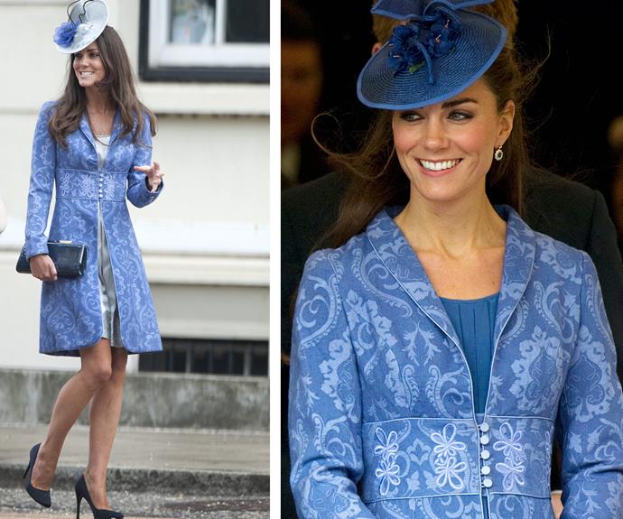 Why should only dresses ride the fashion coattails? When she was just Kate Middleton (L), she wore her Jane Troughton blue brocade coat for a friend's wedding in 2009 and then again (R) in 2011 for Price Philip's birthday party.