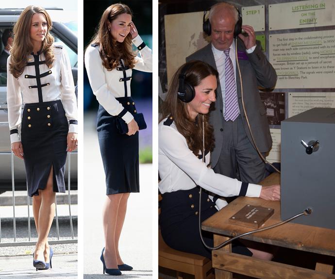 All aboard! Kate goes nautical: Wearing her beloved Alexander McQueen blouse and skirt combo first in 2011 (L), the outfit was so good it had to make another appearance. In 2014 (R) it got a starring role as Catherine visited Great Britain's World War II code-breaking site.