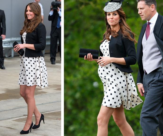 Sometimes Middy likes to keep thrifty! Catherine adored this Topshop dress, Ralph Lauren blazer, and Episode Angel heels so much during her pregnancy with Prince George that she work it twice in a matter of weeks! She first work it (L) in April 2013 during a tour of London's Warner Bros. Studio with Princes William and Harry. The following month in May (R) Catherine continued her maternity chic choice with the addition of fascinator for a friend's wedding.
