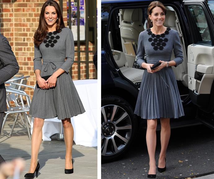 In bloom: This charming Orla Kiely dress originally made the rounds in 2012 (L) before Catherine wore it again (R) in October 2015 for a charity event.