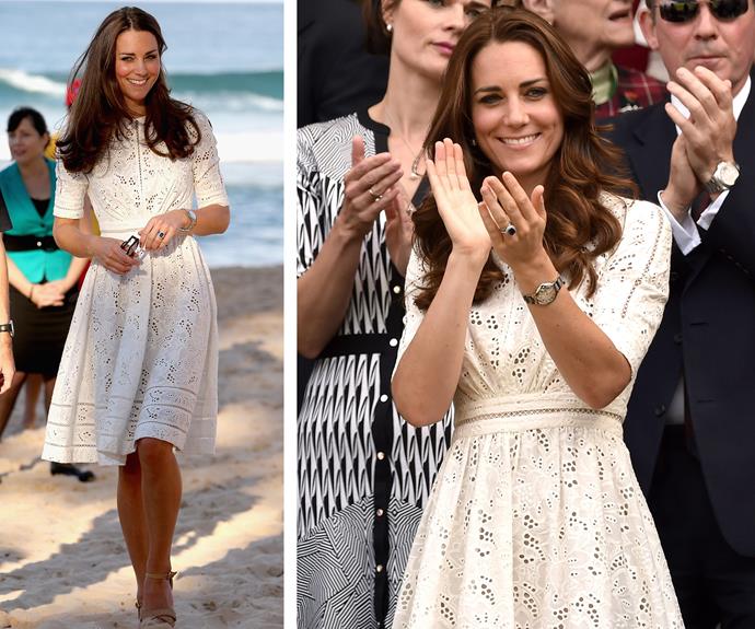 A round of applause for Aussie designer, Zimmerman to making it the Duchess' list of favourite things. Wearing (L) during a visit to Manly in April 2014, Catherine brushed off the sand and took the lace design out for a twirl (R) in July the same year to Wimbledon.