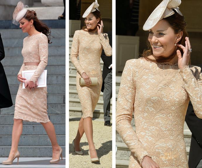 The lady loves lace: Catherine first wore (L) this Alexander McQueen to 2012's St. Paul’s Jubilee Service. It made another regal appearance sans belt (R) at a Buckingham Palace garden party in June 2014.
