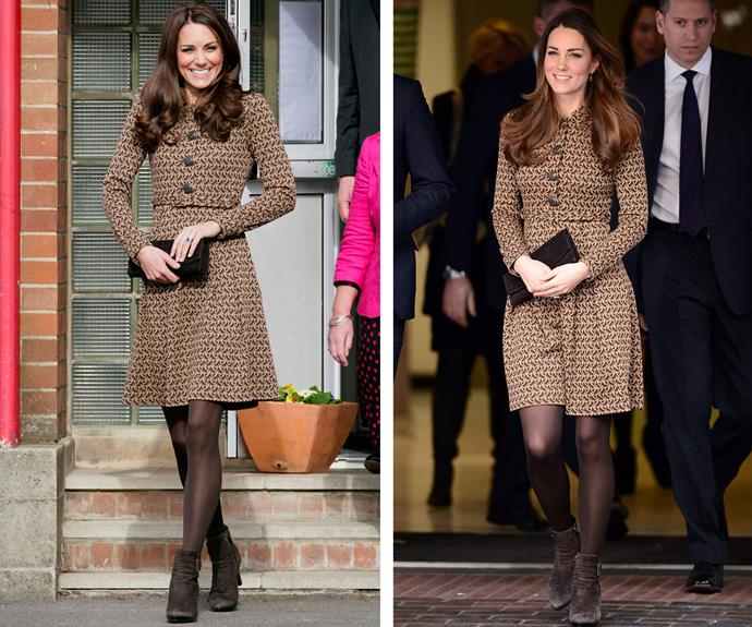 This Orla Kiely dress got its first run (L) in 2012 before bringing it out again in November 2013 (R), just five months after giving birth to Prince George. We have to say the new-mum looks fabulous.