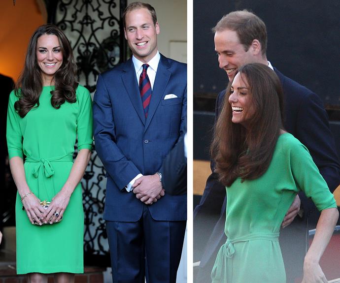 And Kate was never a stranger to the bold and bright colour - while we may be used to seeing this royal in neutrals, Catherine looked California-cool in a green dress by Diane von Furstenberg (L), worn in July 2011 during a trip to LA.