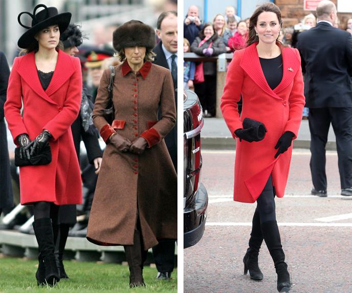 Princess in waiting: When she was Prince William's girlfriend, Kate Middleton caught everyone's attention in 2006 (L) in her red Versace wool coat at Will's passing-out parade - commemorating his completion of basic training at Sandhurst. The royal taught us the Versace is forever, wearing it during her pregnancy (R) with Prince George in 2013.