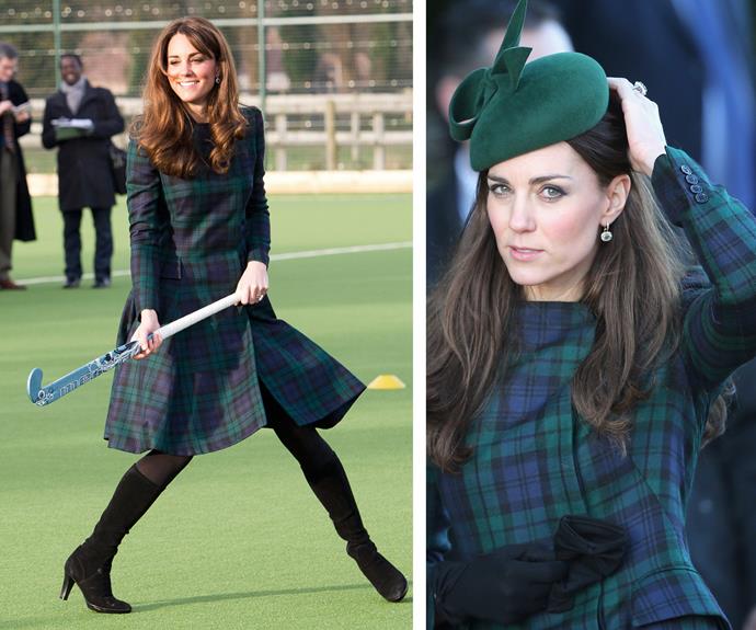 And why mess with a classic? It's clear Catherine couldn't help but bat for Alexander McQueen - so long as it's green! She wore this iconic tartan coat that same year during a visit to her old prep school.