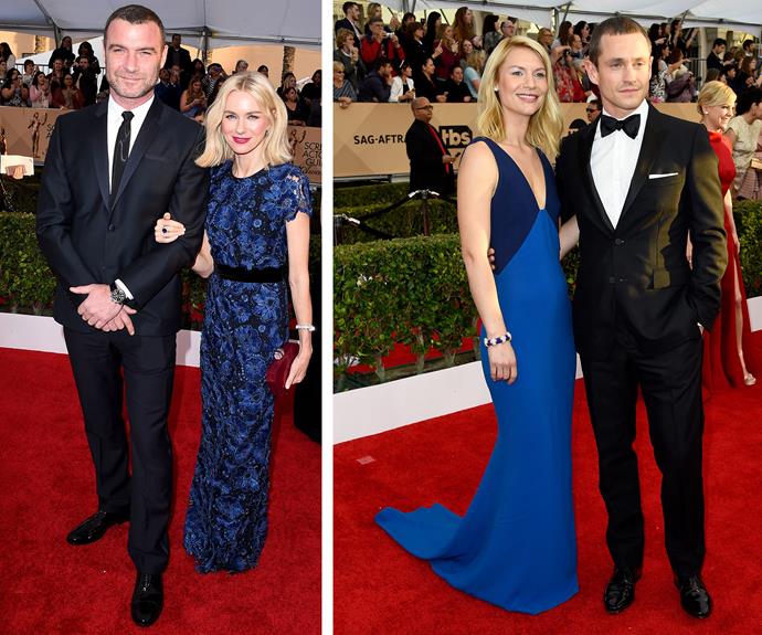 Blue valentine: Naomi Watts and Claire Danes couldn't look happier as they pose with their real life beaus, Liev Schreiber and Hugh Dancy respectively.