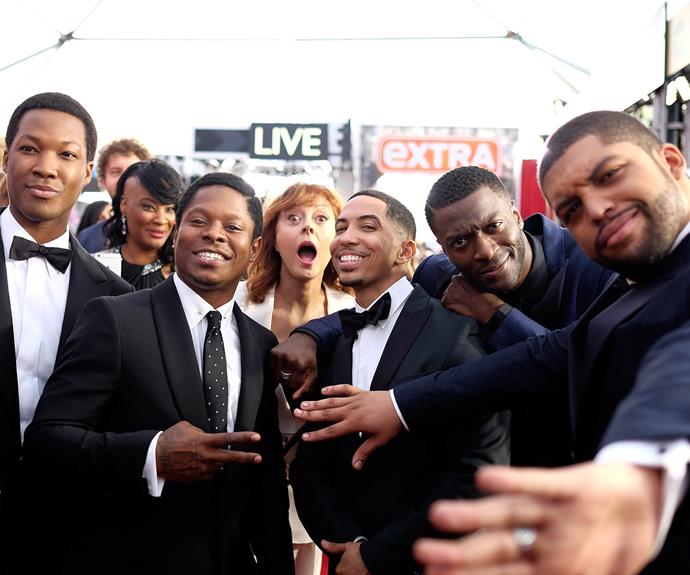In fact it seems everybody loves Susan. Here she is posing with the boys from N.W.A's biopic *Straight Outta Compton*.