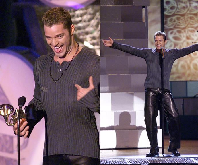 "Who, me?" Ricky Martin looked rather shocked when he scored the Best Latin Pop Performance gong in 1999. And who could forget his energetic gyrating in leather pants as he performed his smash hit, *The Cup of Life*. Ahh, the memories.