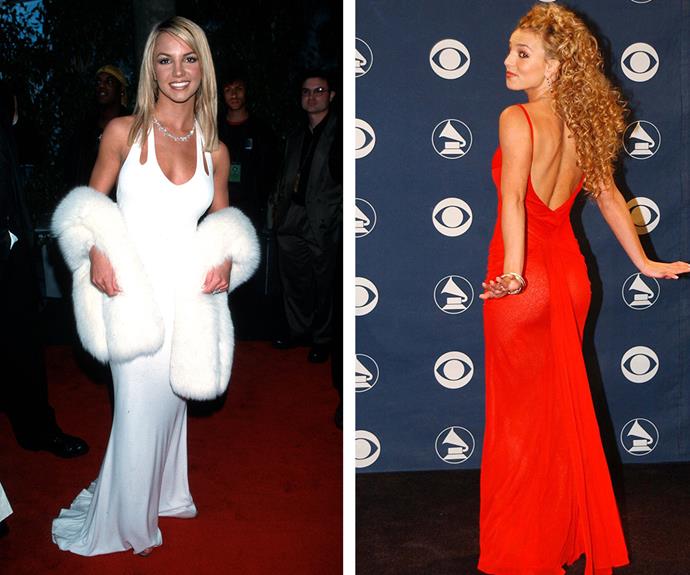 Vintage Britney! The pop star didn't win her first Grammy until 2005 but that didn't stop her from rocking some amazing frocks. (L-R) In 2000, the *Lucky* hitmaker smouldered in a sultry white number and in 2002 it was all about big hair and backless dresses.