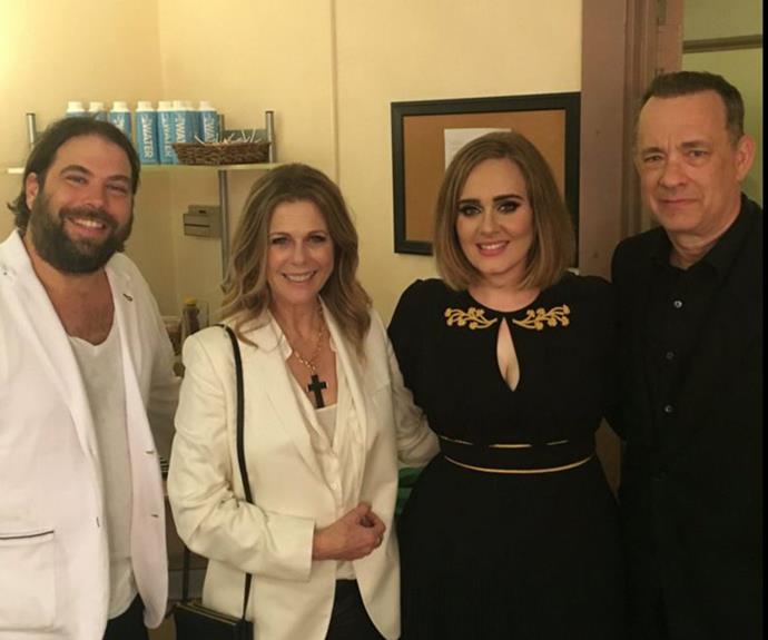 Even A-listers get star struck! "Adele Thank you for the most inspiring show and your huge heart," Rita Wilson penned alongside this snap with the *Hello* singer, her partner Simon Konecki (far left) and [Rita's husband Tom Hanks](http://www.womansday.com.au/life/relationships/hollywoods-most-loving-couples-14683) after one of the 27-year-old's concerts in LA. "Adele. What a show. What a voice. What a woman. What an artist. What a date. Thank you. Hanx," an equally chuffed Tom added.