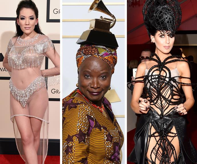 The weird and wacky outfits have begun! (L-R) Recording artist Manika, singer/songwriter Angelique Kidjo and singer Z LaLa all opted for eye-popping ensembles.