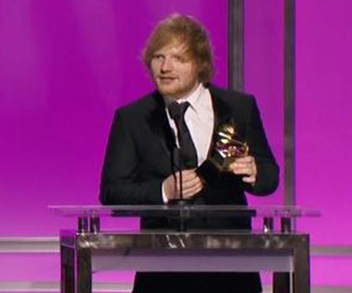 Ed Sheeran wins the Best Pop Solo Performance for *Thinking Out Loud*.