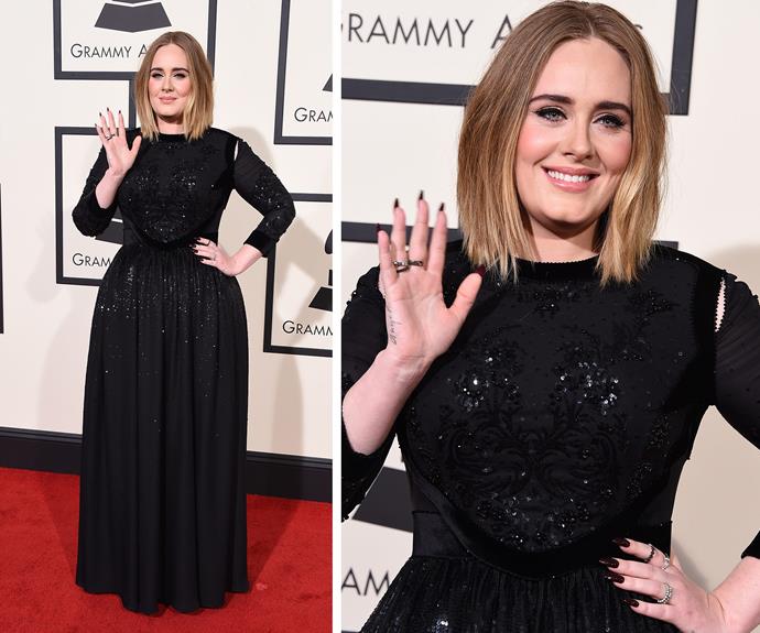 The Queen Adele is in the house! The 27-year-old worked thick, bold Fifties inspired brown, a long bob, natural make-up and a sparkling black gown. In other words, she was flawless!