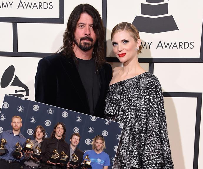Dave Grohl was joined by his wife. Inset, the Foo Fighters posed backstage with Grammys they received for Best Rock Album and Best Music Video/Short Form at the 43rd Annual Grammy Awards at Staples Center in Los Angeles back in 2001.