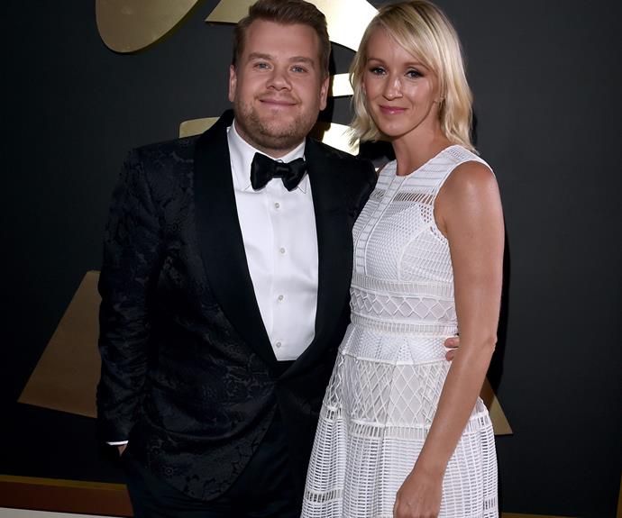 Too cute! Comedian James Corden cuddled up to his wife Julie.