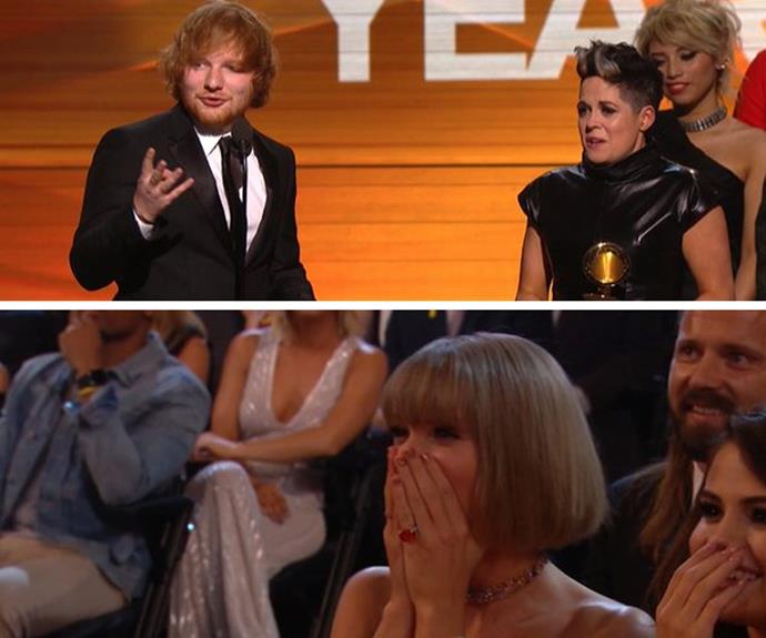His bestie Taylor Swift, who was also nomiated in the same category for *Blank Space*, couldn't believe it and gave him a huge hug when she found out.