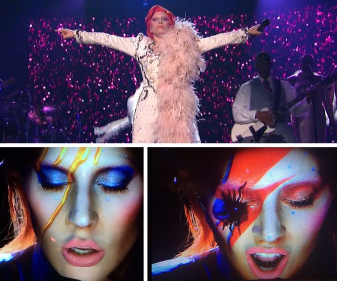 WHAT A TRIBUTE: Lady Gaga honoured [the late David Bowie](http://www.womansday.com.au/celebrity/hollywood-stars/tributes-for-the-late-david-bowie-14454) with the most epic of performances.