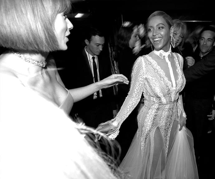 The woman of the hour, Taylor Swift, shared this picturesque moment with none other than the one and only Queen Bey, who was dressed to the nines in a dazzling Inbal Dror gown.