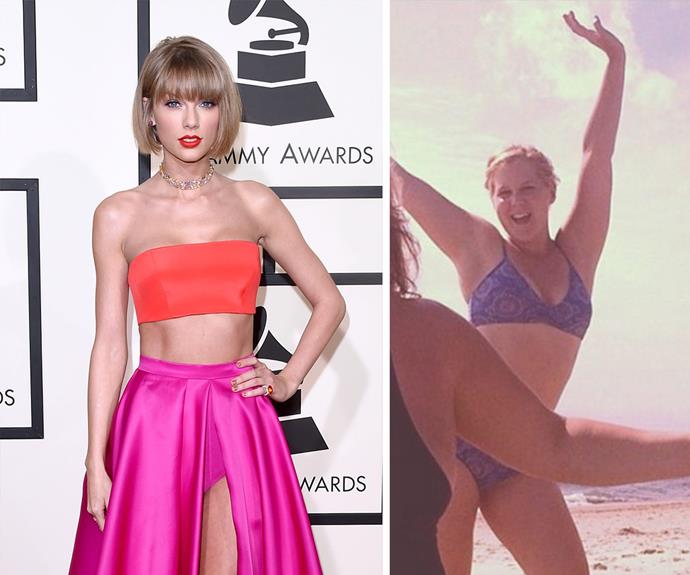 Following Taylor's stunning appearance on the red carpet – in which the iconic singer showed off her long legs in an open front, pink skirt - the opinionated Amy Schumer took to Instagram to comment on Taylor's physique. "Taylor that's not a thigh gap," wrote Schumer on a photo of her and a friend donning bikinis on a beach, "This is a thigh gap."