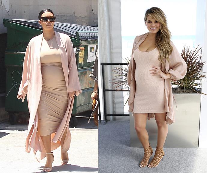 Kim Kardashian and Chrissy Teigen are the best of pals, so perhaps new mother-of-two Kim has been lending her maternity clothes to the *Sports Illustrated* stunner, who is expecting her first child with husband John Legend.