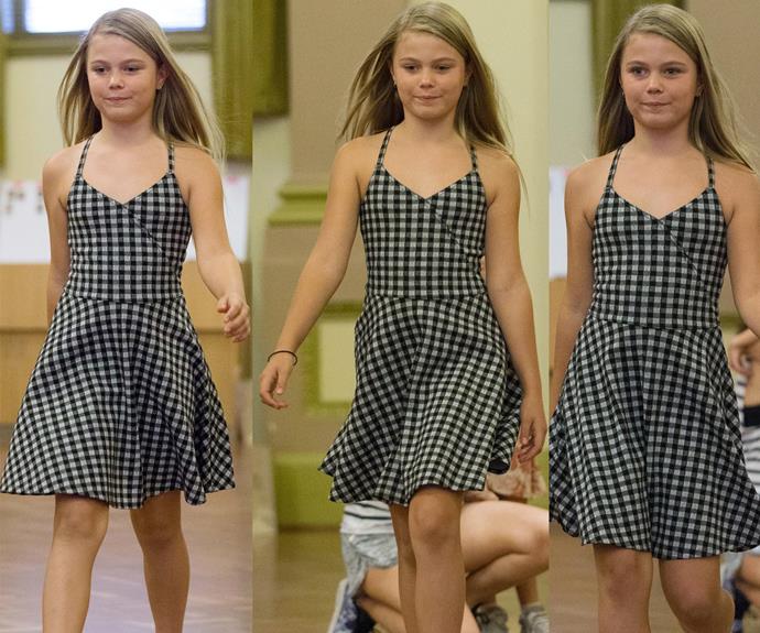 Strutting in a rehearsal  for a runway show, ten-year-old old Mia Hewitt was a total natural.