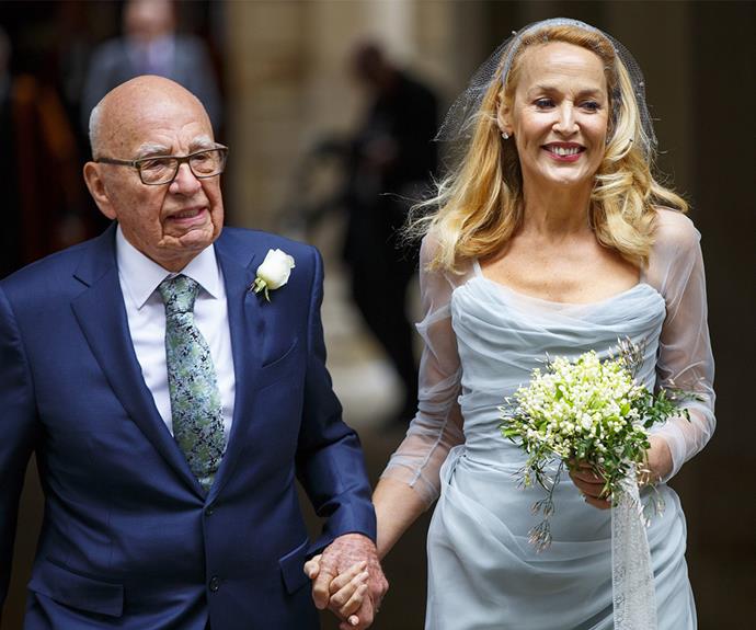Beaming! Rupert Murdoch and his new wife Jerry Hall looked thrilled as they left St Bride's church, London on Saturday.