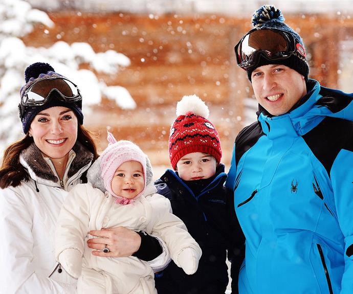 With the snow falling softly in the background behind Duchess Catherine, Prince William, and their adorable children, this is one of our favourite royal family portraits yet!