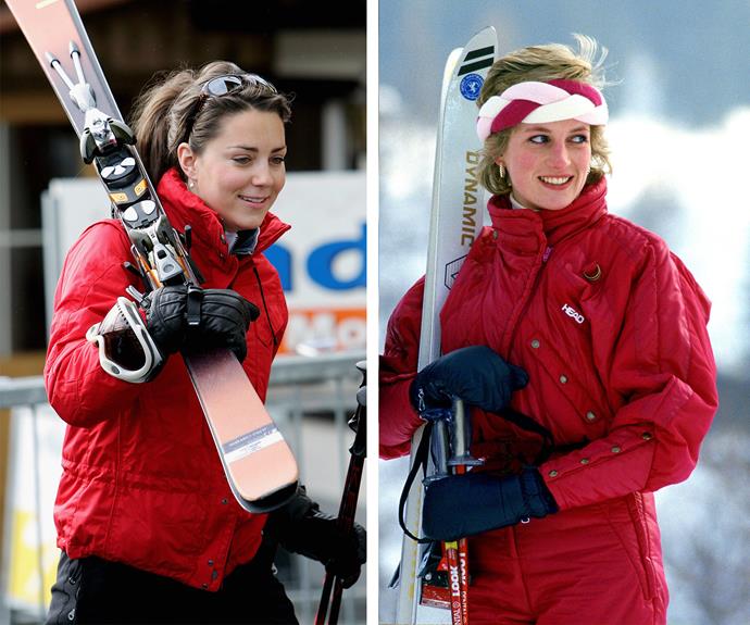 Slope style: Catherine and Diana both work snug red parkas for the chilly climes.