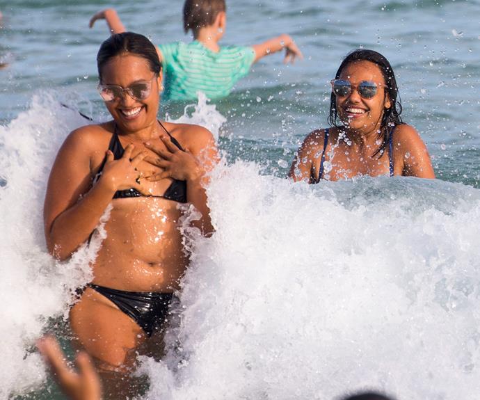 Jessica Mauboy and Miranda Tapsell hit Bondi Beach after partying the night away at last week’s Sydney Mardi Gras.