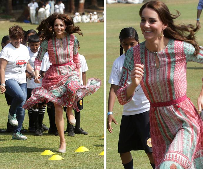 Check out those pins! The sporty royal wasn't going to let her stunning frock get in the way of her competitive side.