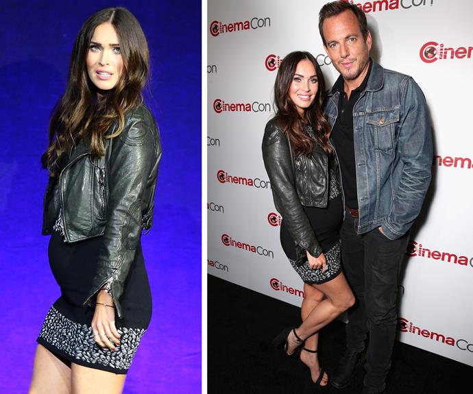 The star, pictured with co-star Will Arnett, proudly showed off her growing figure is fitted dress.