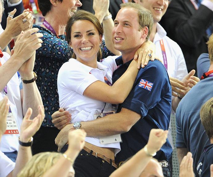 One year after their spectacular wedding, the royal couple attended the London Olympics and showed off their affection for one another.