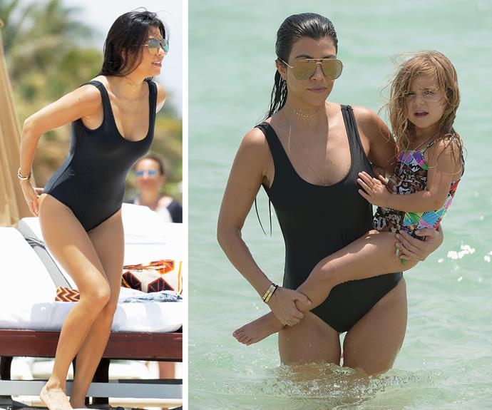 Well hello Kourtney Kardashian! The 37-year-old was a vision in her fitted one-piece swimming costume during a recent break in Miami.