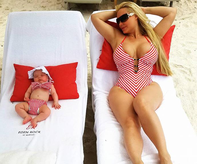 Matching swimwear! The proud mum and her adorable bub know how to do resort wear in style. The cute duo kick back during their family holiday to St Barths.