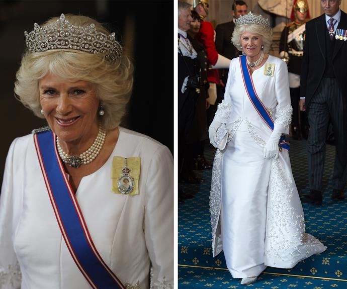 At the 2016 opening of Parliment, Duchess Camilla donned her most loved bejewelled accessory, the Greville Tiara.  It was made a well-known socilatie Mrs. Greville back in 1921, out of stones salvaged from another tiara. Having no heirs of her own, she left her considerable jewel collection to the then-Queen Elizabeth (the future Queen Mother) when she died in 1942.