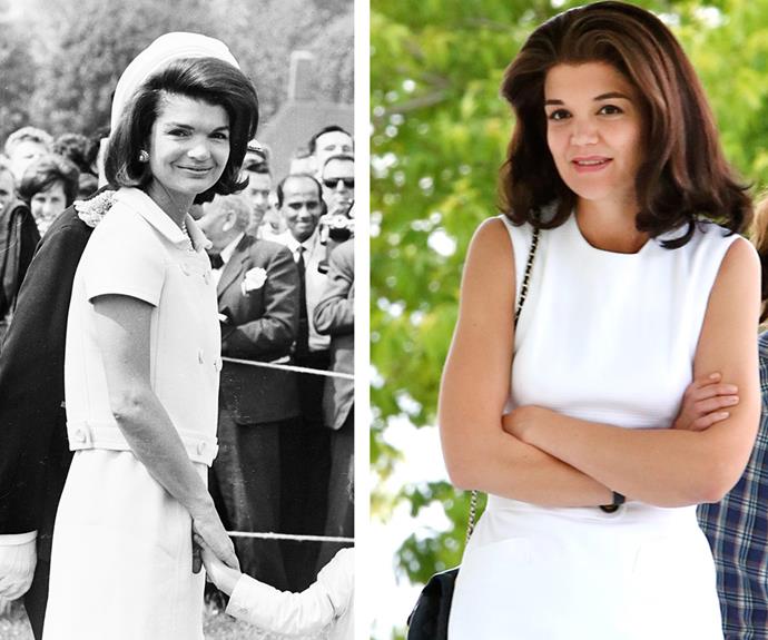 Seeing double! Complete with the buffont hair and chic threads Katie Holmes looks identical to the late Jackie Kennedy Onassis (L). The actress is currently filming scenes for the upcoming mini-series, *The Kennedys After Camelot*.