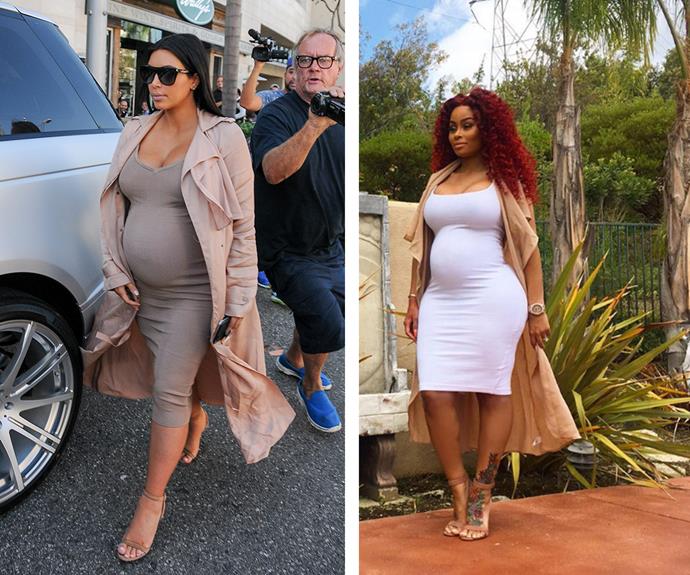 Channelling her soon-to-be sister-in-law's maternity style, the 28-year-old stepped out for a night on the town in a tight, white midi-dress, showing off her proud belly. **WATCH: Kim rubs Blac Chyna's belly. Gallery continues after the video!**