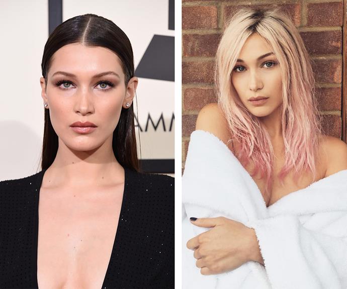Gigi, is that you? Bella Hadid has traded in her usual dark locks for a platinum blonde and bubblegum pink 'do!