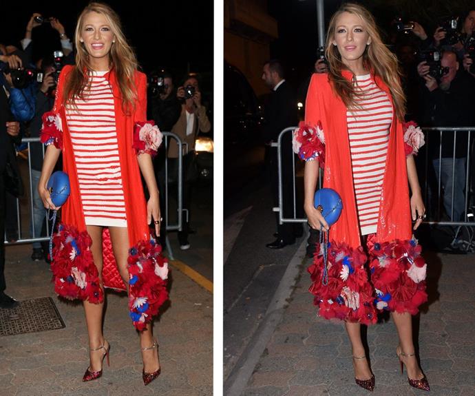 Blake went both bold and beautiful with this striped evening outfit.
