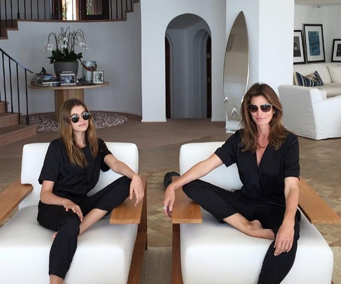 Twinning! Cindy Crawford and her look-alike daughter Kaia Gruber were relishing their Coco Rocha designed jumpsuits.