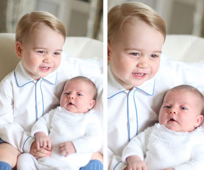 Cuddles galore! Little Georgie is a doting big brother who loves giving kisses for his darling sister, Princess Charlotte Elizabeth Diana of Cambridge.