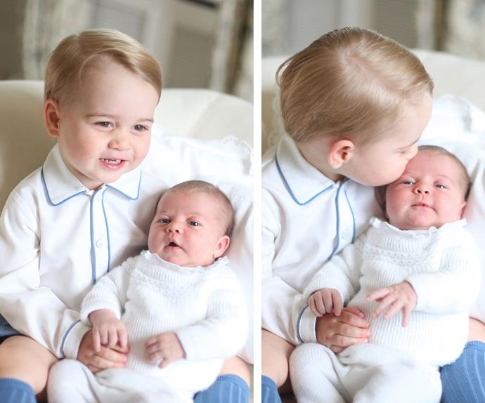 Kisses for Charlotte! Shortly after her birth in 2015, George showed off his impressive big brother skills in these touching portraits.