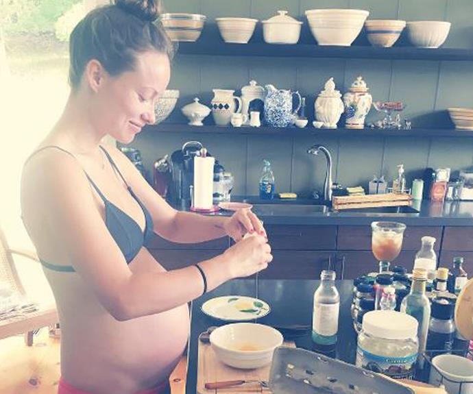 In earlier days of her second pregnancy, the mum-of-one posted this adorable snap of her cooking, which has her baby belly front and centre. **WATCH: the actress called out subway riders for being selfish after no one stood for her on the train! Gallery continues...**